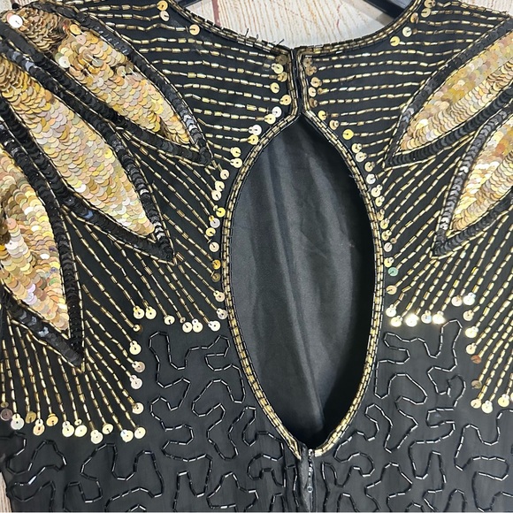Vintage 100% Silk Sequin Beaded Gold Black 12p Midi Dress - Picture 3 of 12